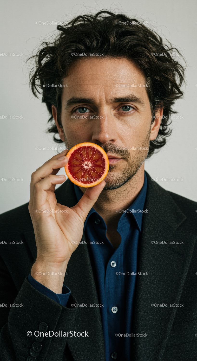 Portrait of a Stylish Man Holding Blood Orange Slice in Modern Fashion