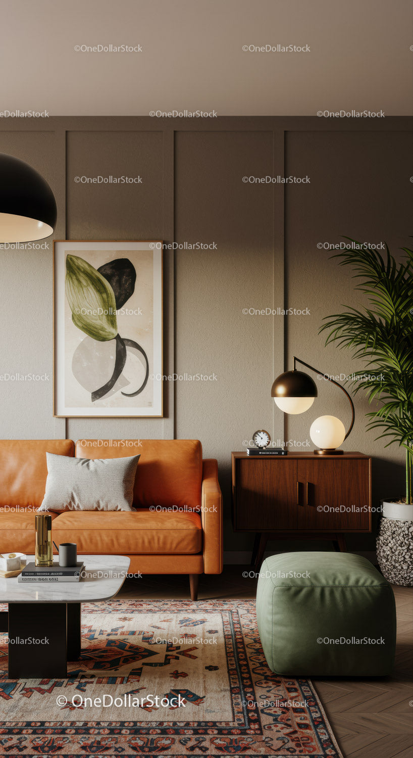 Modern living room with leather sofa and decorative elements