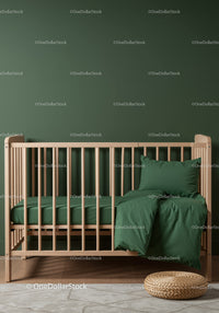 Modern Wooden Baby Crib with Green Bedding in Nursery