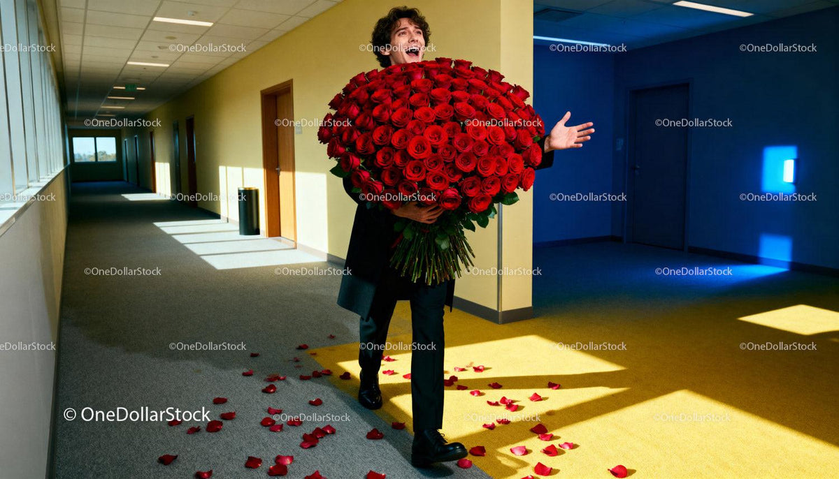 Man holding huge bouquet of red roses indoors