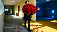 Man holding huge bouquet of red roses indoors