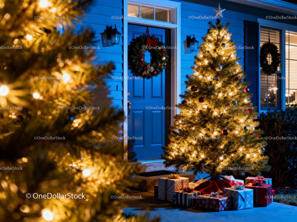 Christmas tree with gifts glowing at blue front door