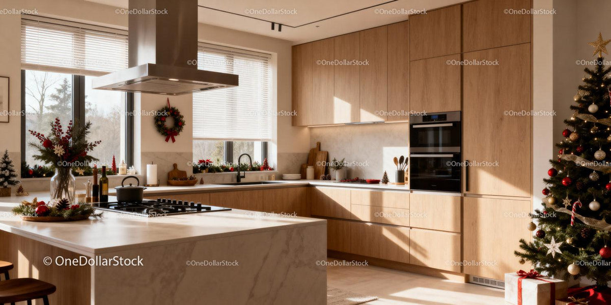 Modern kitchen with festive Christmas decorations
