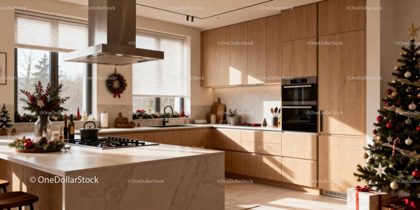 Modern kitchen with festive Christmas decorations