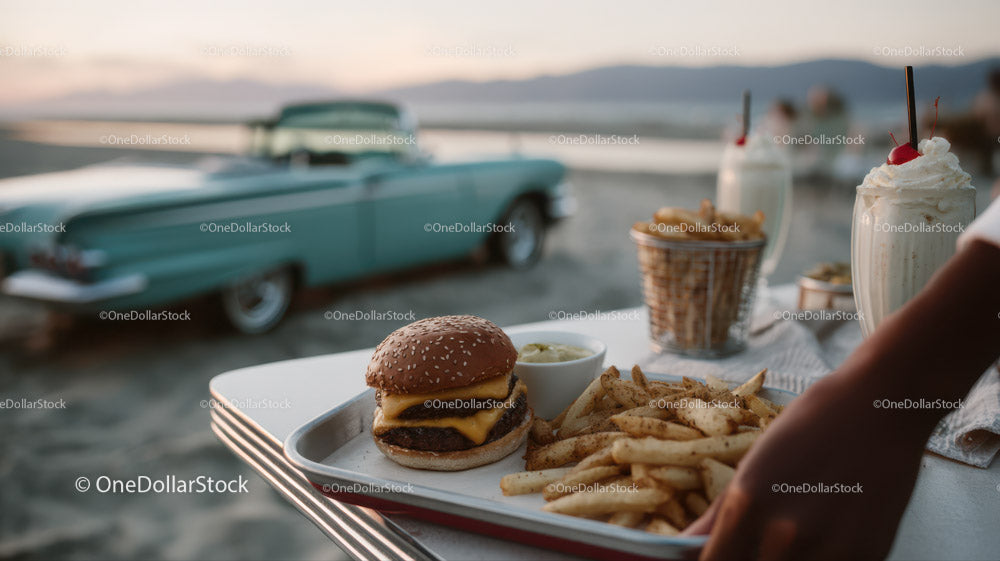 Beachside Scene with Classic Burger Fries Milkshakes and Vintage Car