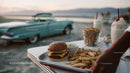 Beachside Scene with Classic Burger Fries Milkshakes and Vintage Car