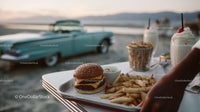 Beachside Scene with Classic Burger Fries Milkshakes and Vintage Car