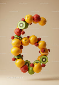 Number six formed by fresh tropical fruits on beige
