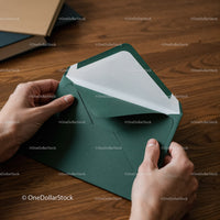 Hands Opening a Dark Green Envelope on Wooden Table