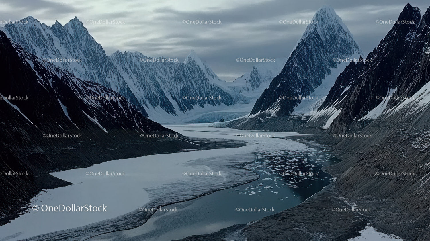 Snowy Mountain Range and Glacial Valley Under Dramatic Sky