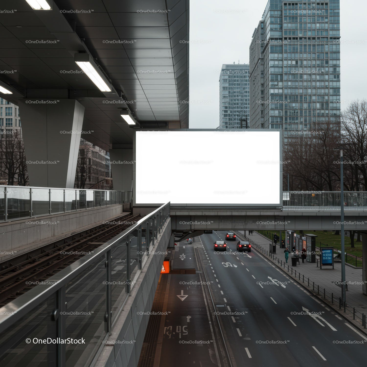 Empty billboard over city street with urban highrises