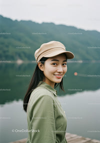 Young Woman in Green Dress Wearing Hat by Lake with Mountain View