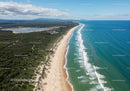 Stretching Sandy Beach with Ocean Waves and Green Dunes Aerial View
