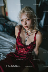 Young Woman in Red Satin Dress with Jewelry in Urban Indoor Setting