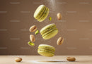 Green pistachio macarons levitating with nuts and sugar