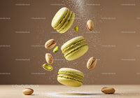 Green pistachio macarons levitating with nuts and sugar