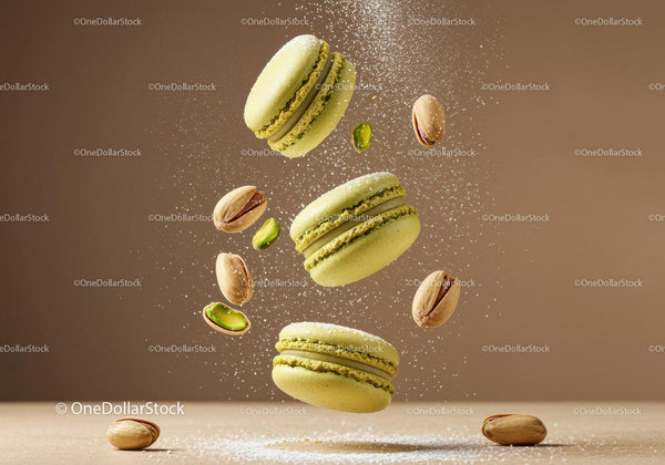 Green pistachio macarons levitating with nuts and sugar