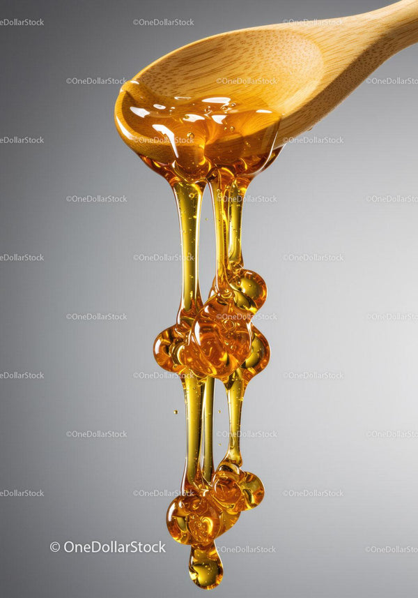 Golden honey dripping from wooden spoon closeup