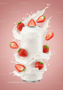 Refreshing strawberry splash surrounding white can on pink