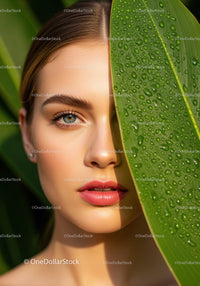 Elegant Woman with Dew Drops and Tropical Green Leaf Close-Up