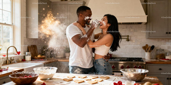 Couple Playfully Baking Heart-Shaped Cookies at Home