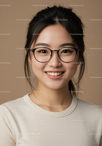 Portrait of a Smiling Young Woman with Glasses in Casual Attire