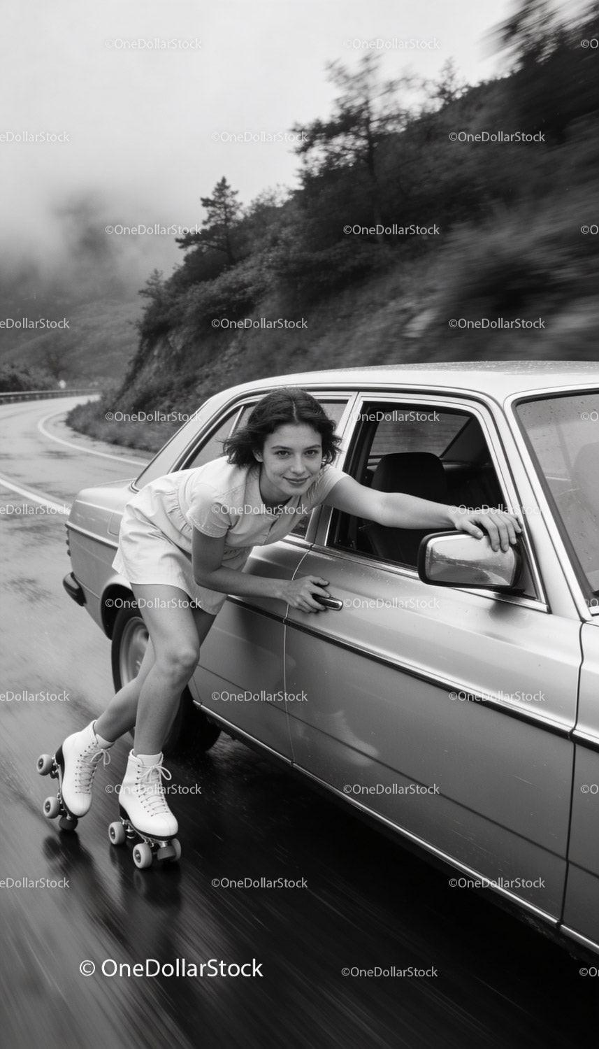 Young Woman Roller Skating Alongside Car on Curvy Road