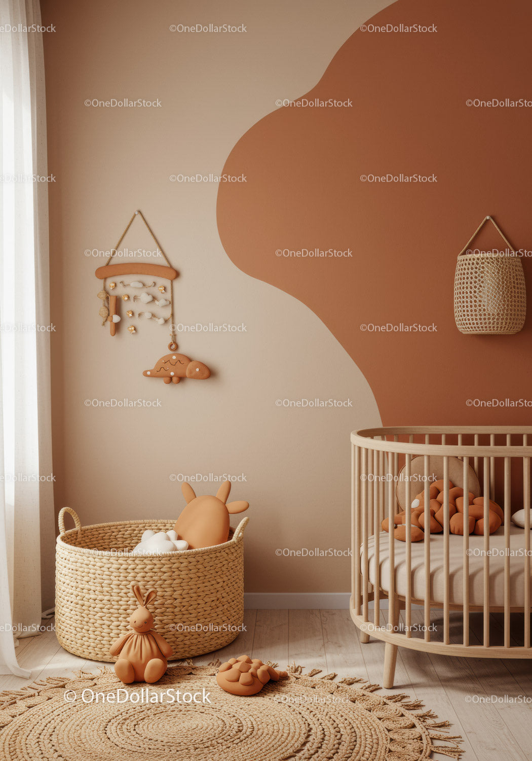 Modern Nursery with Woven Basket and Plush Animal Toys in Soft Colors