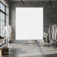 Minimalist showroom with dresses and large blank canvas