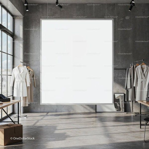 Minimalist showroom with dresses and large blank canvas JPG Mockup Image