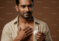 Man Applying Moisturizer to Chest with Skincare Products