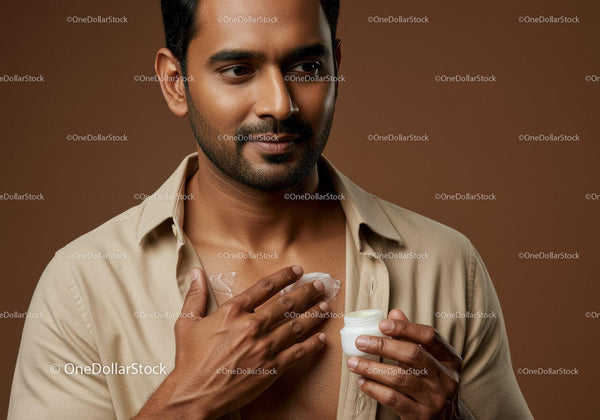 Man Applying Moisturizer to Chest with Skincare Products