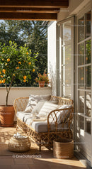 Cozy Balcony Corner with Rattan Sofa and Orange Tree