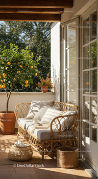 Cozy Balcony Corner with Rattan Sofa and Orange Tree