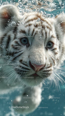 White tiger cub swimming underwater with piercing blue eyes