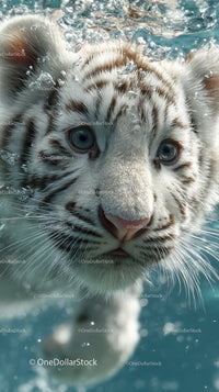 White tiger cub swimming underwater with piercing blue eyes