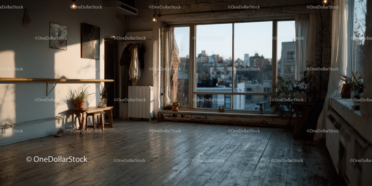 Nasłoneczniony loft w stylu industrialnym z dużymi oknami i widokiem na miasto
