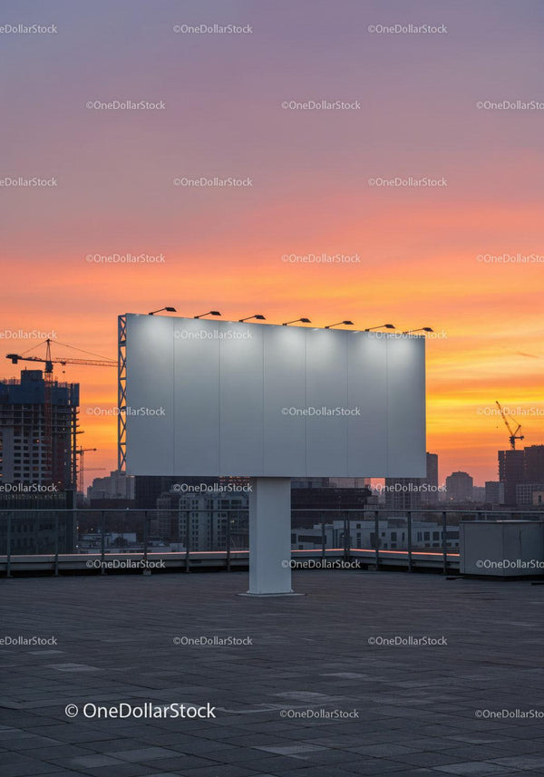Empty Billboard on Rooftop Against Colorful Sunset Sky JPG Mockup Image
