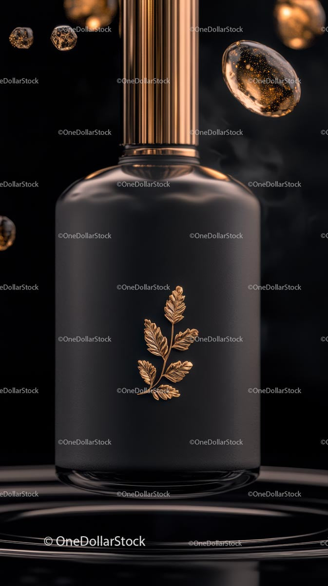 Elegant Black and Gold Perfume Bottle with Gold Leaf Detailing