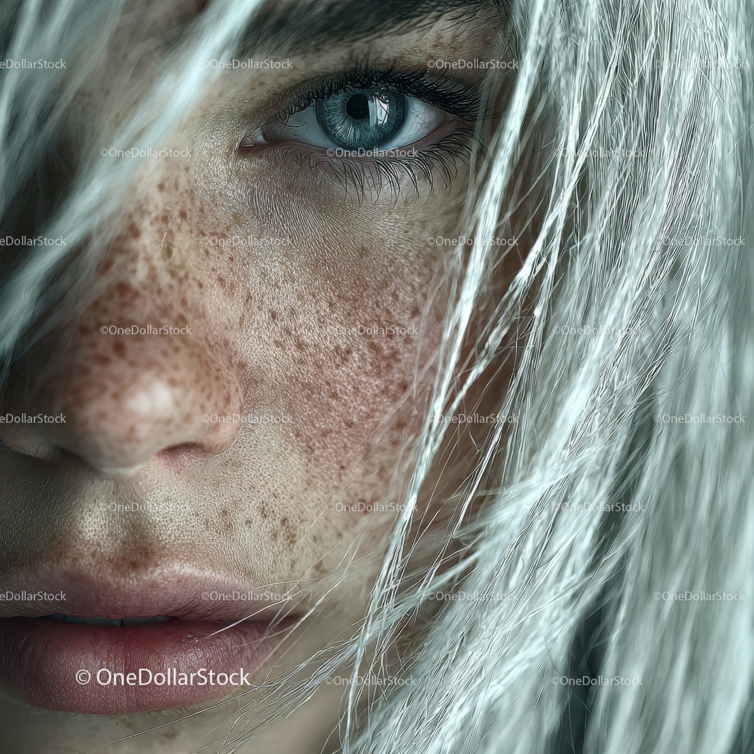 Close-Up of Woman's Face with Bright Blue Eye and Freckled Skin