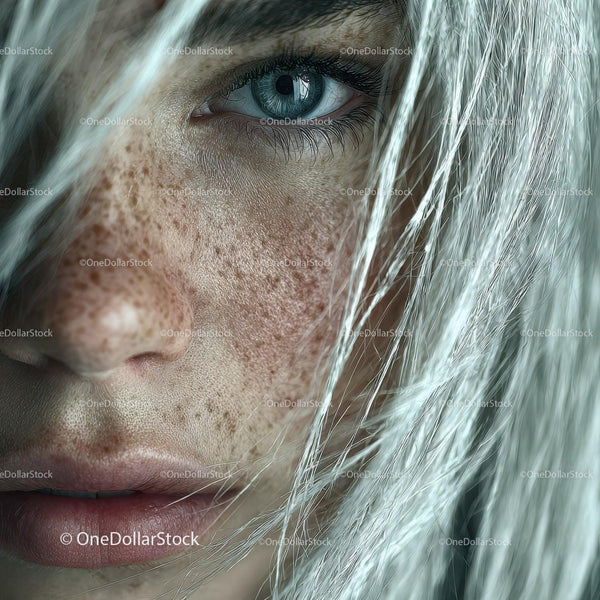 Close-Up of Woman's Face with Bright Blue Eye and Freckled Skin