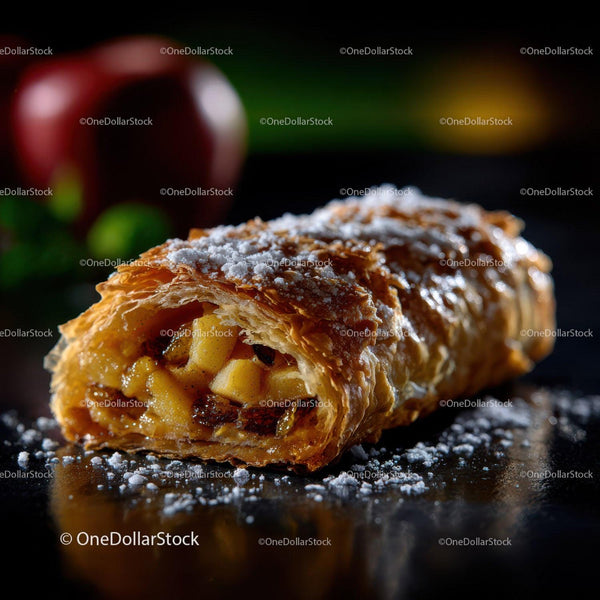Delicious Apple Strudel with Powdered Sugar and Golden Pastry