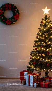 Cozy Christmas tree with wrapped gifts and wreath