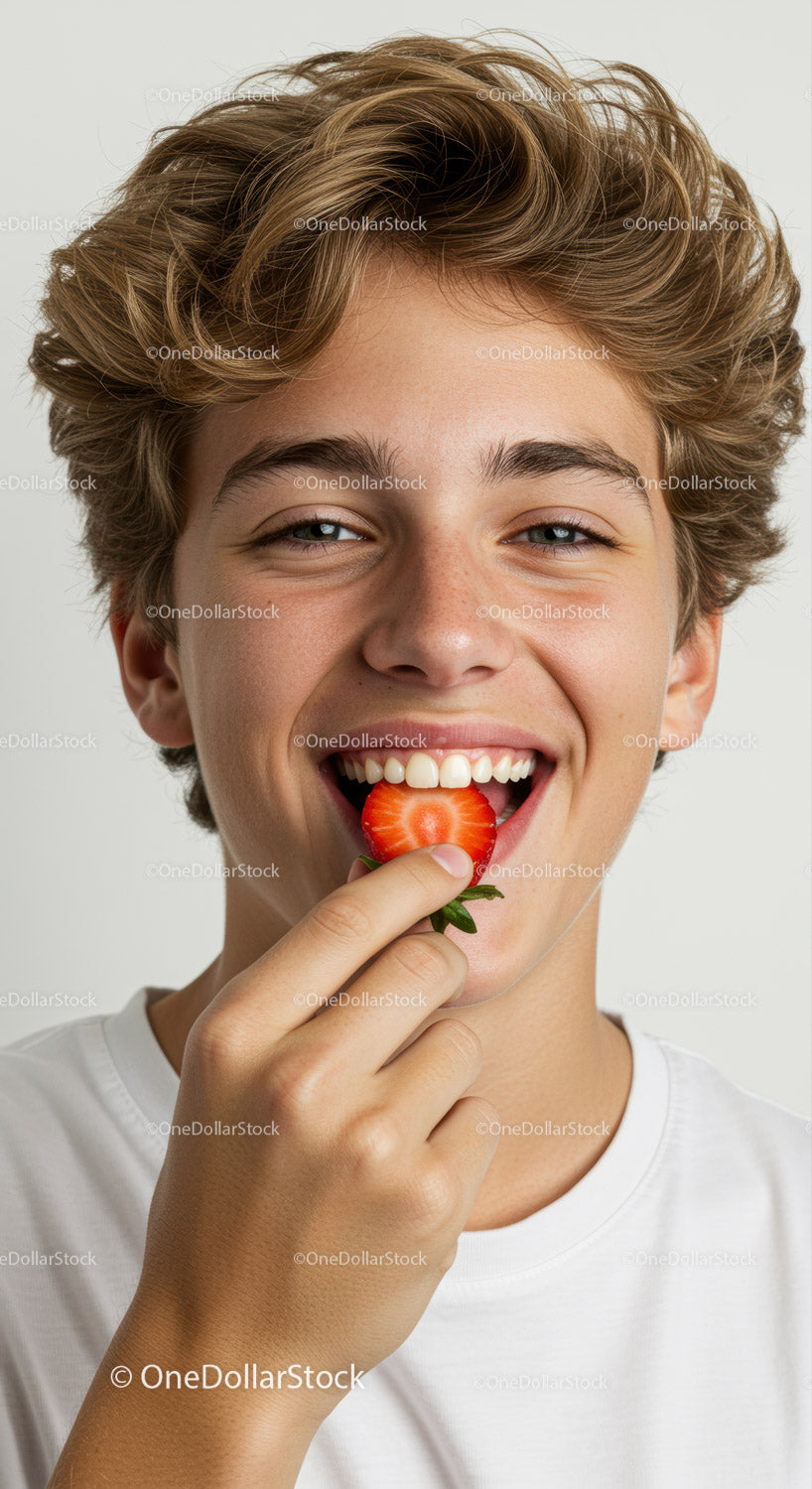 Young Man Smiling with Strawberry Youthful Teen Eating Fruit Portrait