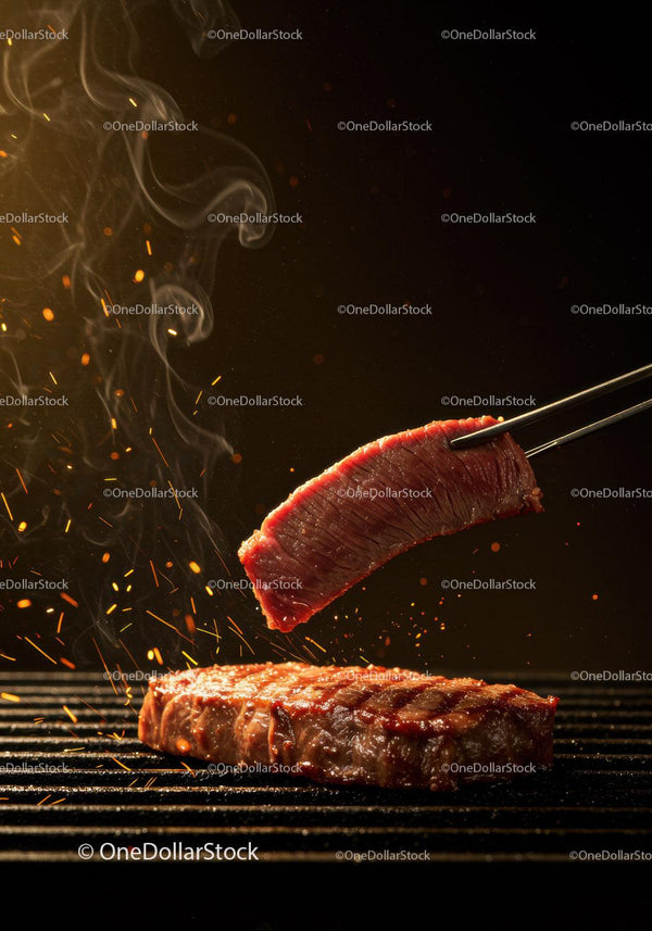 Grillowany stek z soczystym kawałkiem trzymanym przez szczypce