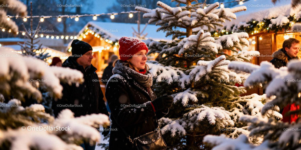 Woman Enjoying Winter Market Amid Snowy Pine Trees