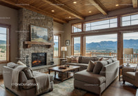 Cozy living room with stone fireplace and mountain view