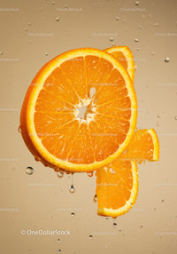 Fresh orange slices dripping water droplets sharply