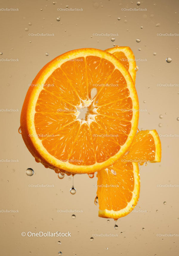 Fresh orange slices dripping water droplets sharply