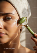 Woman Using Jade Roller for Facial Skincare Therapy